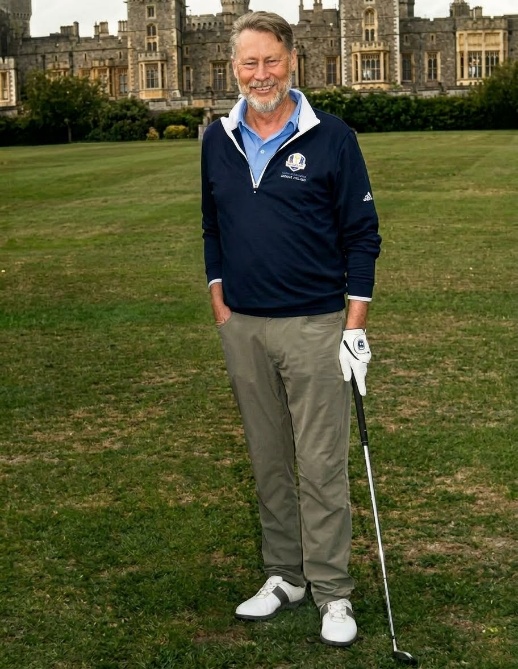 Andrew Stewart, 2026 winner, on the grass with a golf club and a castle behind him